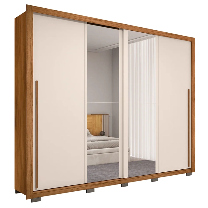 Guarda Roupa Casal 2 Portas de Correr com Espelho Praticus Freijó/Off White - Caemmun