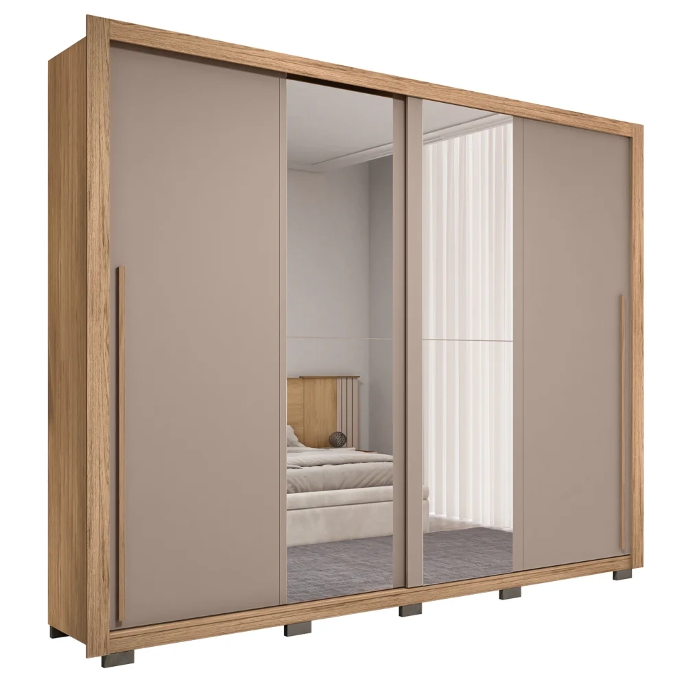 Guarda Roupa Casal 2 Portas de Correr com Espelho Praticus Buriti/Fendi - Caemmun