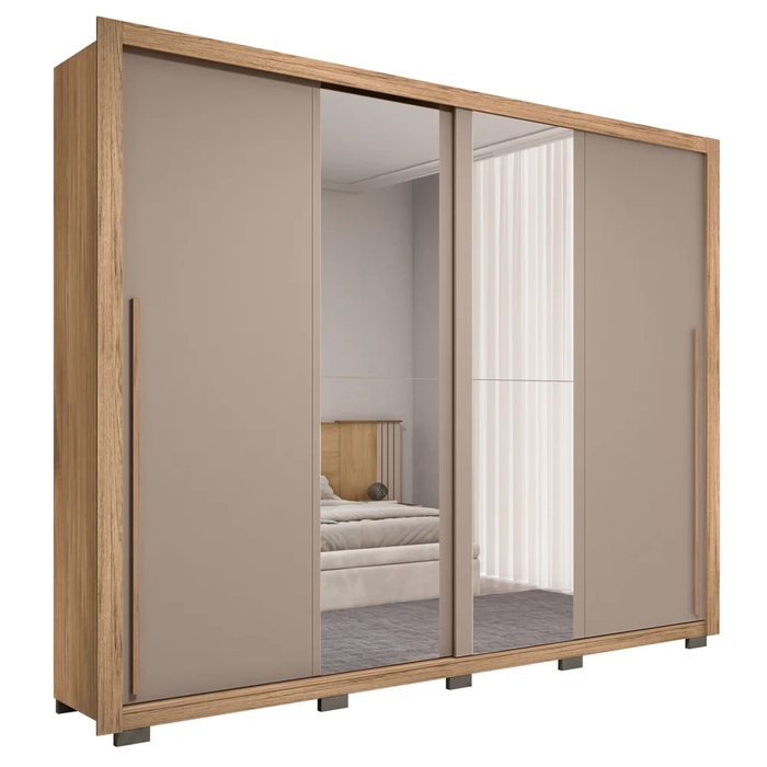 Guarda Roupa Casal 2 Portas de Correr com Espelho Praticus Buriti/Fendi - Caemmun