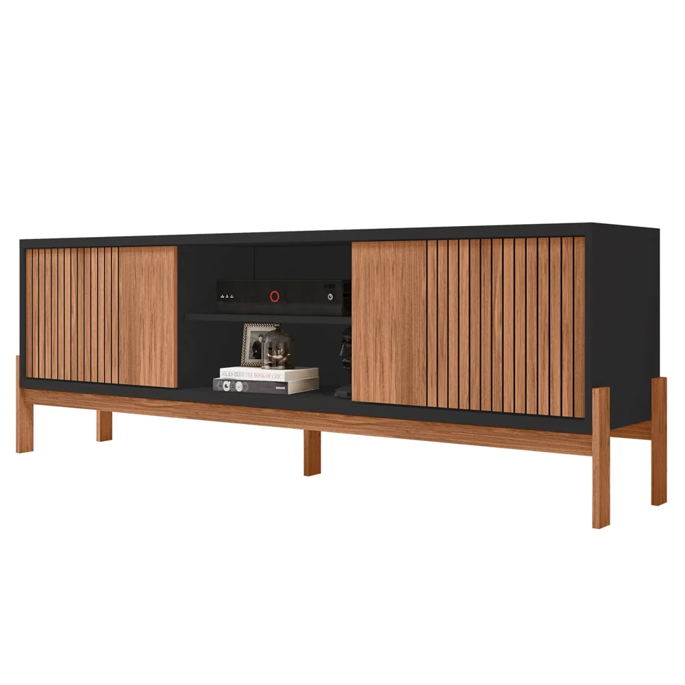 Rack Para Sala Bancada de TV 72 Pol Ripado 184cm Tannen Freijó/Preto - Caemmun
