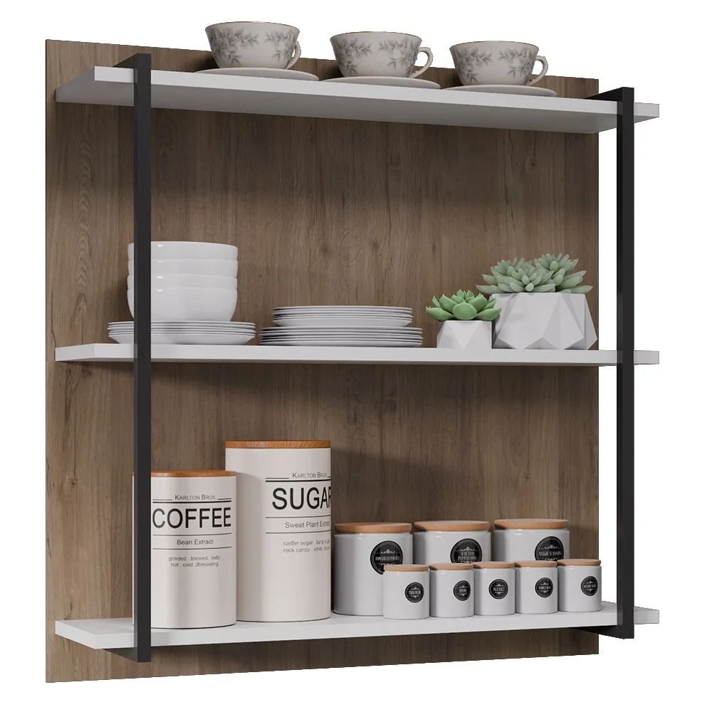 Prateleira Industrial Cozinha Tripla com Painel Flora Z34 Freijó/Branco - Mpozenato