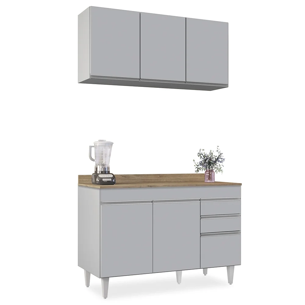 Armário de Cozinha Aéreo Virgínia e Balcão Com Tampo 120cm Michigan Cinza Claro/Castanho - Lumil