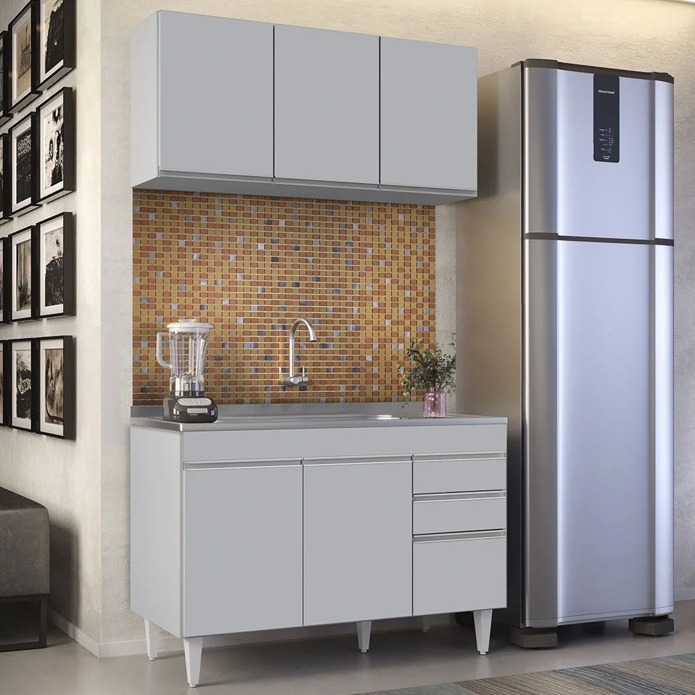 Armário de Cozinha Aéreo Virgínia e Balcão Com Pia 120cm Michigan Cinza Claro - Lumil