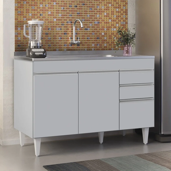 Balcão de Cozinha com Pia Inox 120cm 3 Portas Michigan Cinza Claro - Lumil