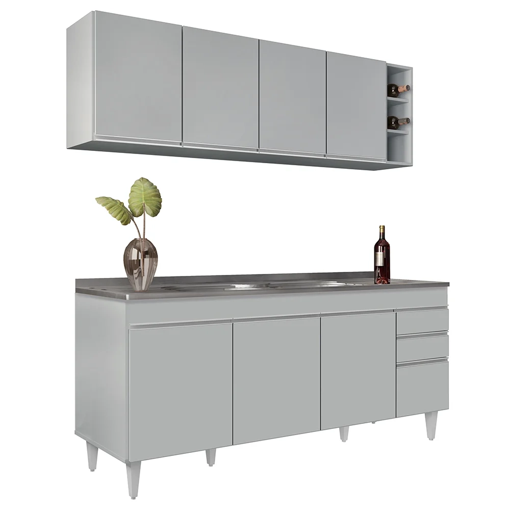 Armário Aéreo Nevada e Balcão Gabinete 180cm Com Pia Dallas Cinza Claro - Lumil