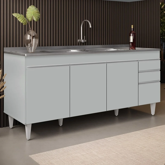 Balcão de Cozinha Com Pia Inox 180cm 4 Portas Dallas Cinza Claro - Lumil