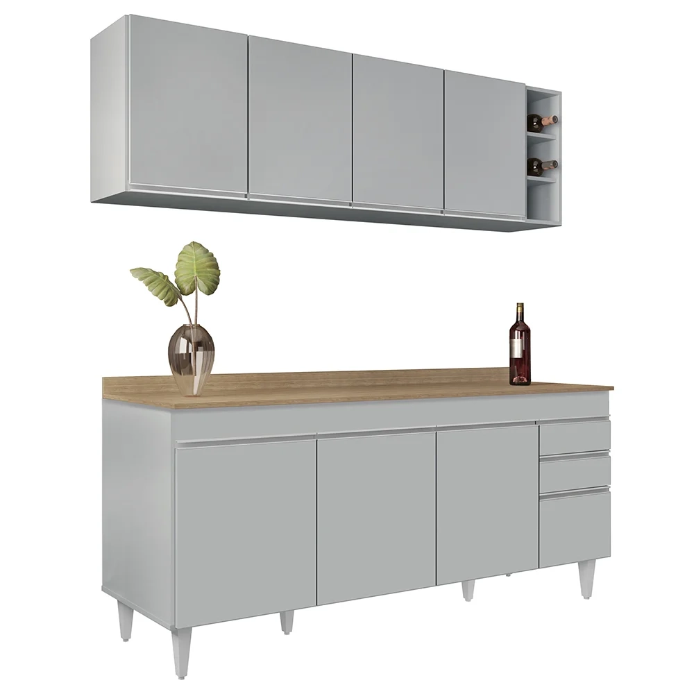 Armário Aéreo Nevada e Balcão 180cm com Tampo Dallas Cinza Claro/Castanho - Lumil