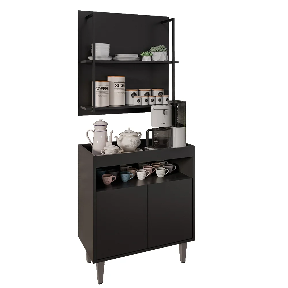 Aparador Cantinho do Café e Painel 2 Prateleiras Flora Z34 Preto - Mpozenato