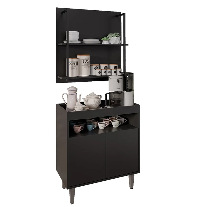 Aparador Cantinho do Café e Painel 2 Prateleiras Flora Z34 Preto - Mpozenato