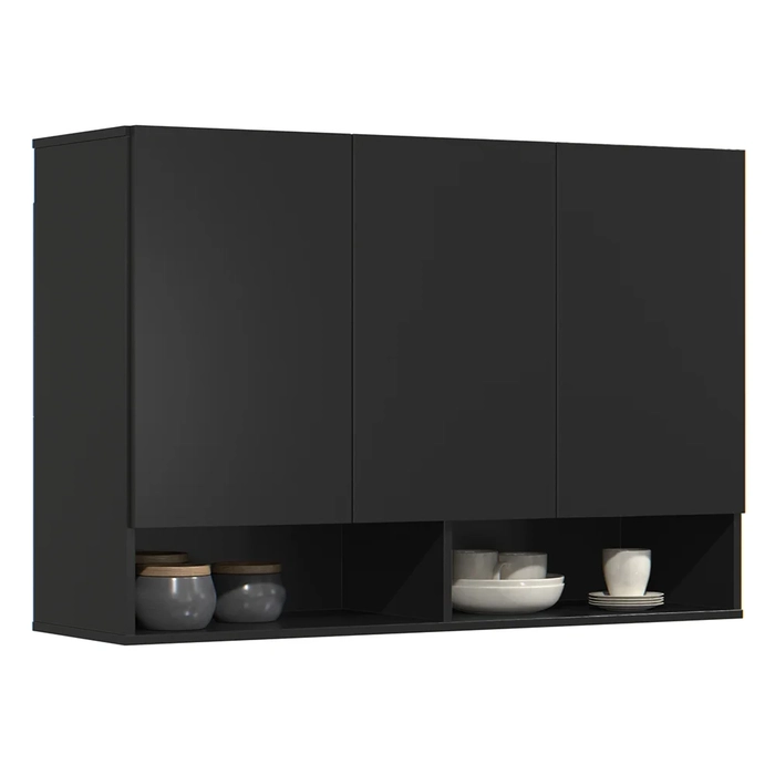 Armário de Cozinha Aéreo 3 Portas 2 Nichos 91cm Milão Preto - EJ Móveis