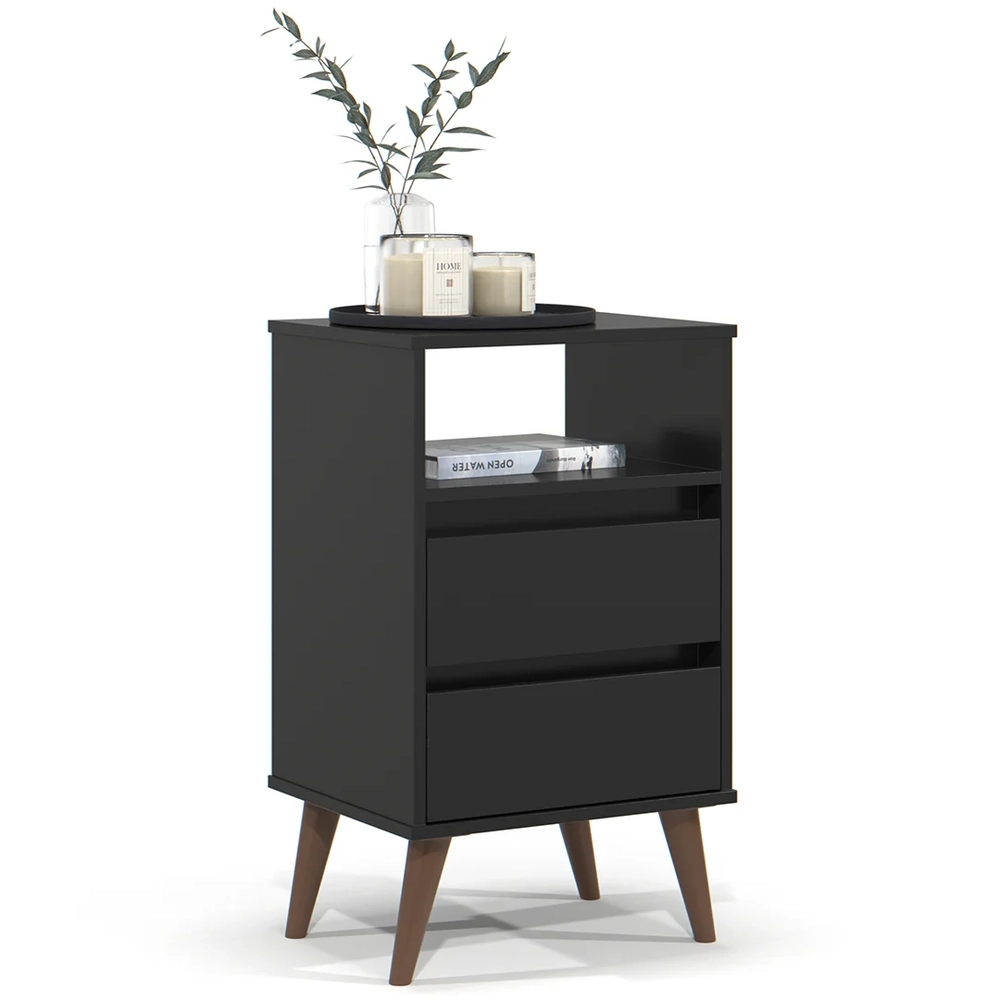 Mesa de Cabeceira Pés Retrô 2 Gavetas 43cm Roma Preto - EJ Móveis
