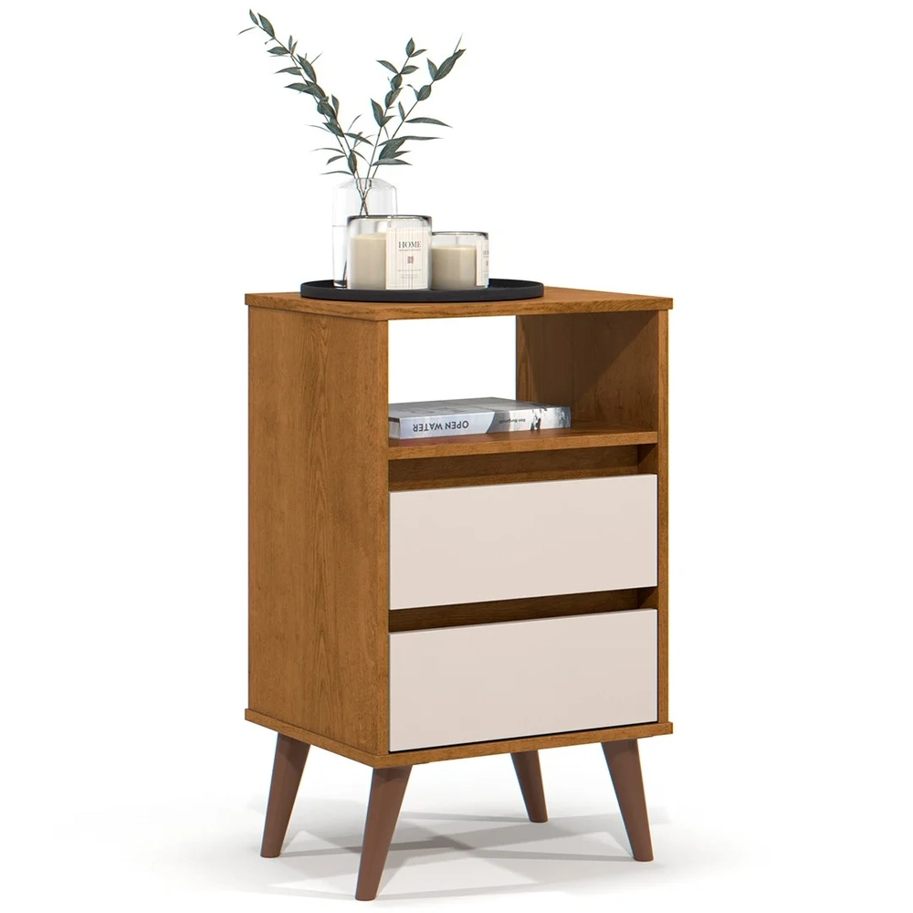 Mesa de Cabeceira Pés Retrô 2 Gavetas 43cm Roma Freijó/Off - EJ Móveis