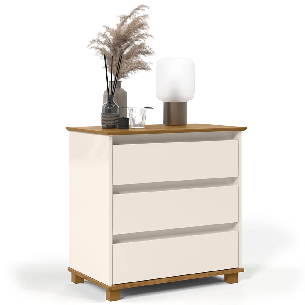Cômoda para Quarto 3 Gavetas 68cm EJ Off White/Freijó - EJ Móveis