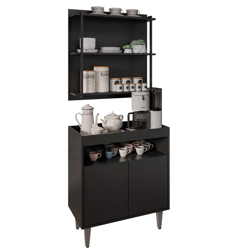 Aparador Cantinho do Café e Painel 3 Prateleiras Flora Z34 Preto - Mpozenato