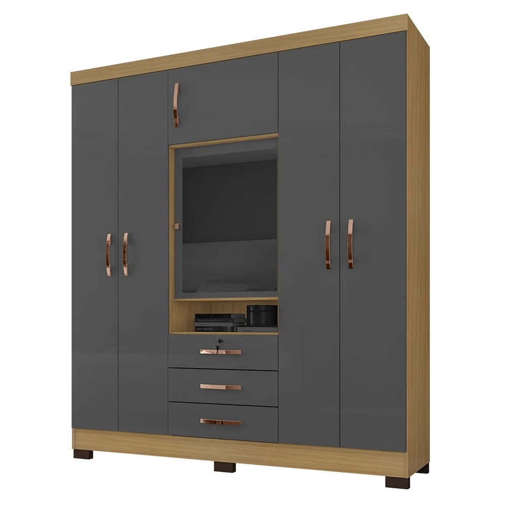 Guarda Roupa Casal com Espelho 6 Portas Reino Unido Carvalho/Grafite - Incorplac