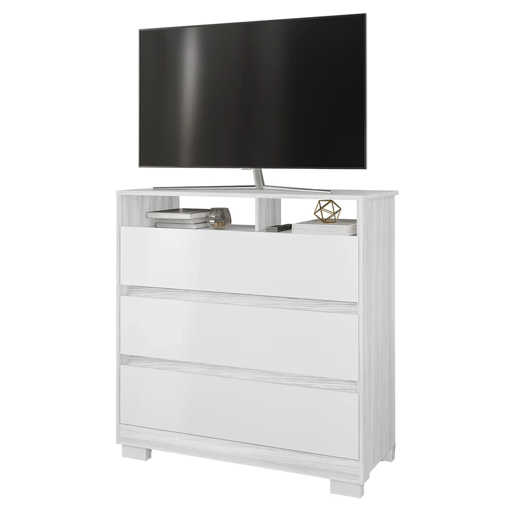 Cômoda para Quarto 3 Gavetas 90cm Califórnia Carvalho Branco/Branco - Incorplac