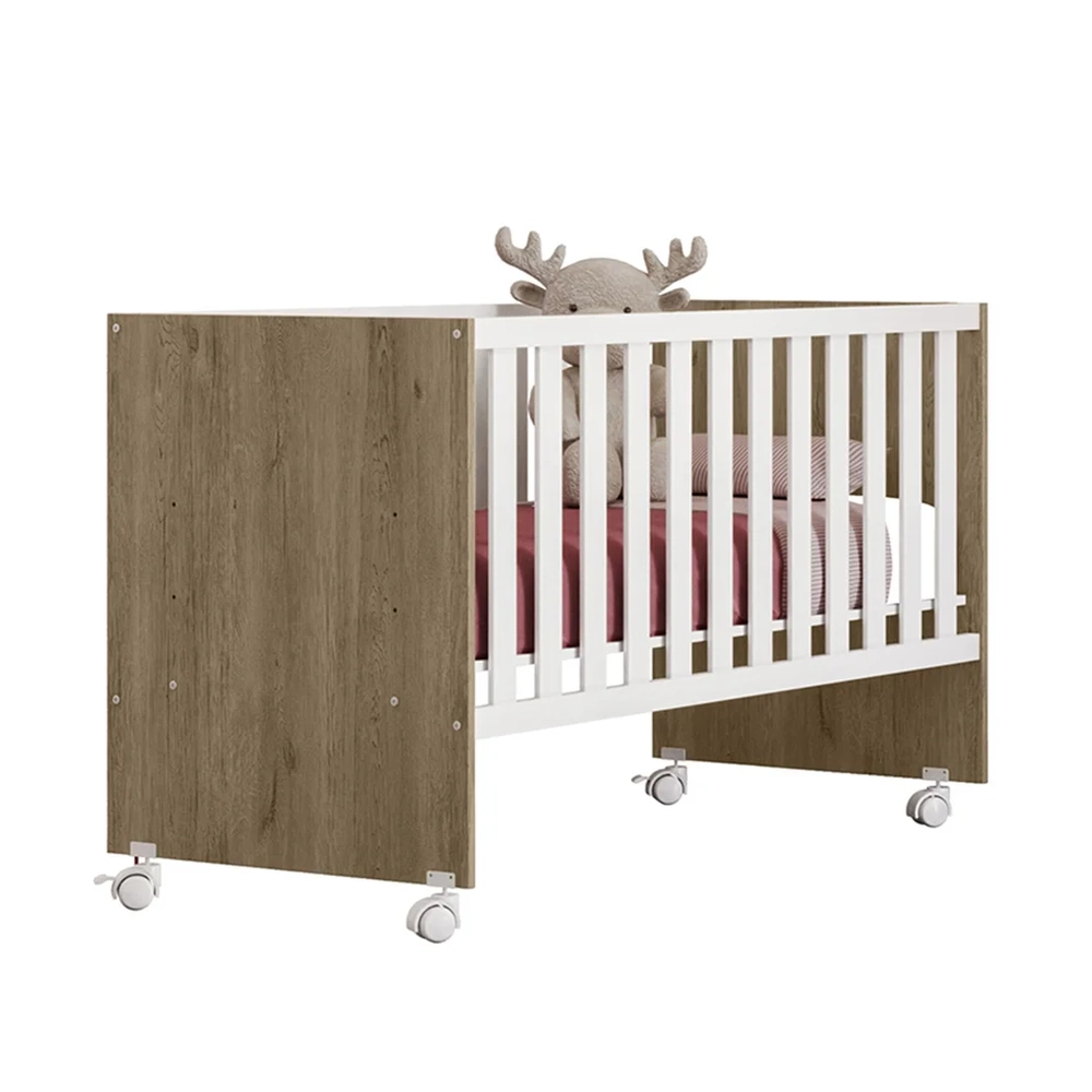 Berço Reto Para Colchão 130x60 Com Rodízios Doce Sonho Carvalho/Branco - Qmovi