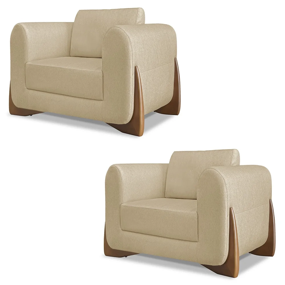 Poltrona para Sala Base de Madeira Kit 2 Izzy S06 Linho Dourado - Mpozenato