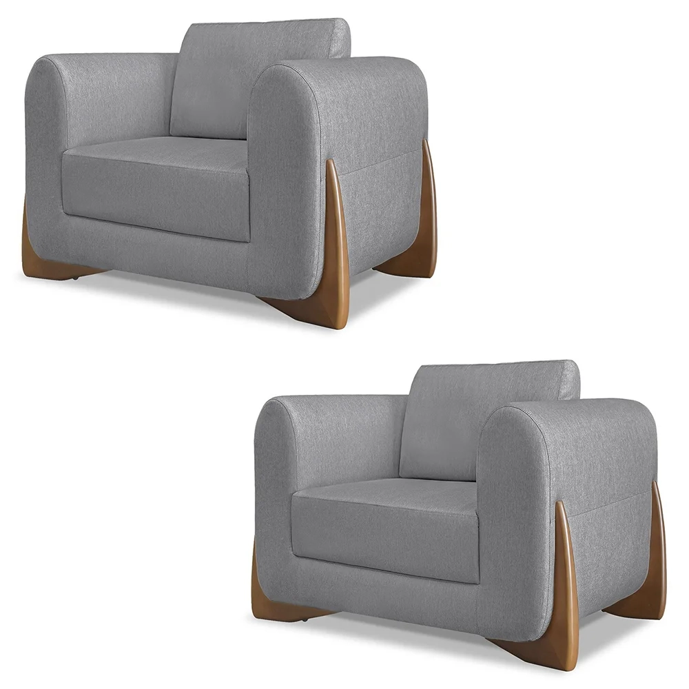 Poltrona para Sala Base de Madeira Kit 2 Izzy S06 Linho Cinza - Mpozenato