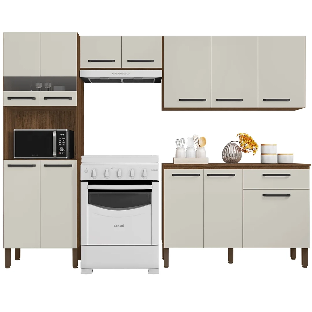 Cozinha Compacta Com Balcão 251cm Louis Z06 Nogueira/Off - Mpozenato