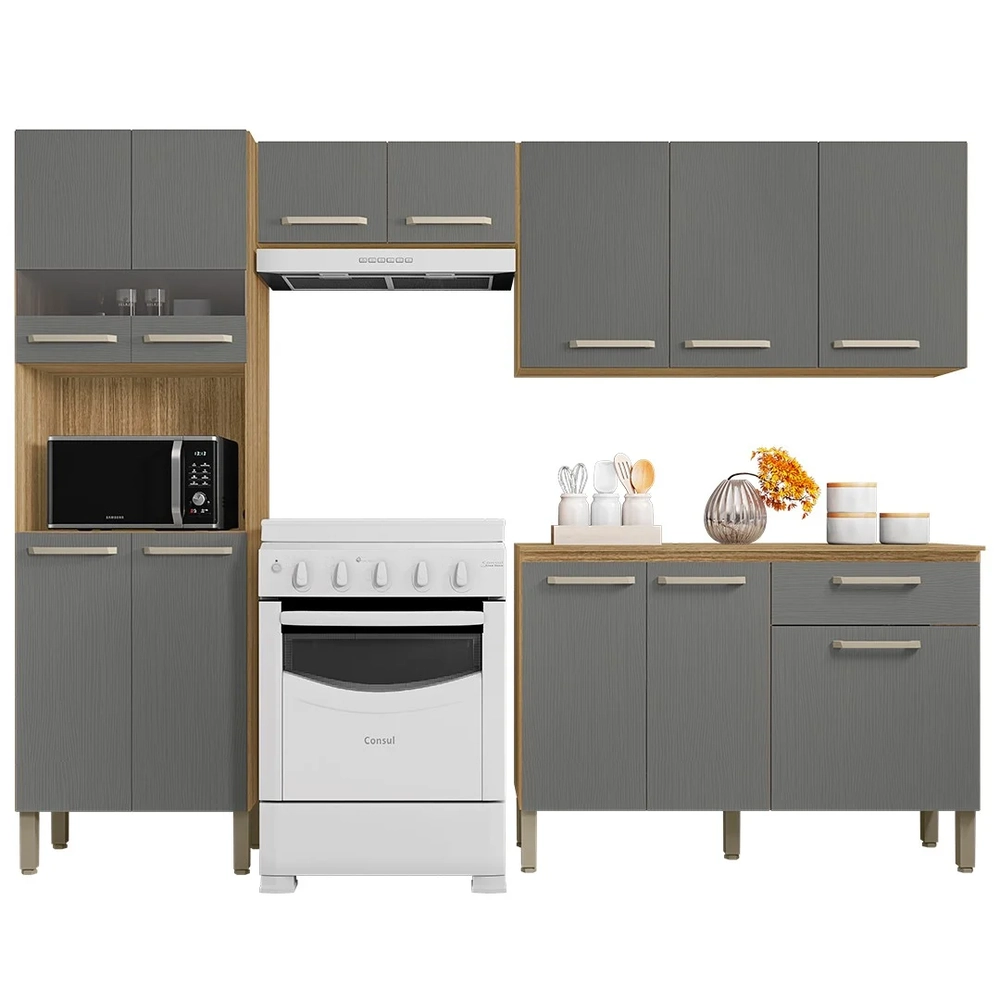 Cozinha Compacta Com Balcão 251cm Louis Z06 Freijó/Gris - Mpozenato