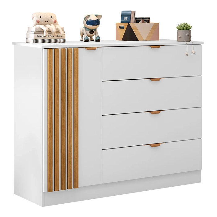 Cômoda Infantil 4 Gavetas Com 1 Porta Ripada Ayla Branco     - Phoenix