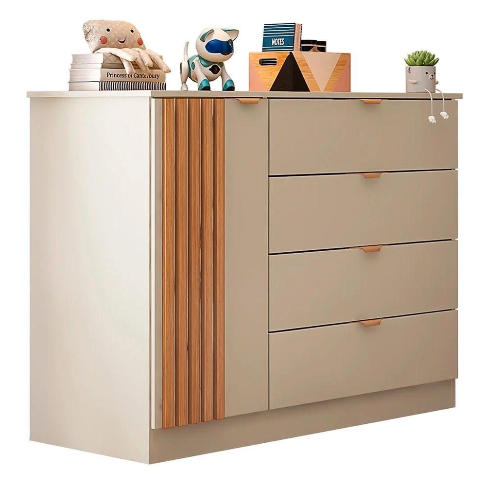 Cômoda Infantil 4 Gavetas Com 1 Porta Ripada Ayla Off White  - Phoenix