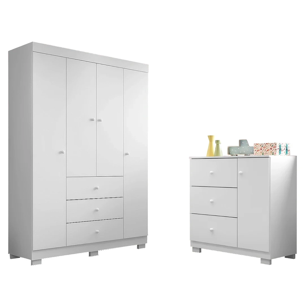 Guarda Roupa Infantil 4 Portas Cômoda 3 Gavetas Duda Branco  - Phoenix