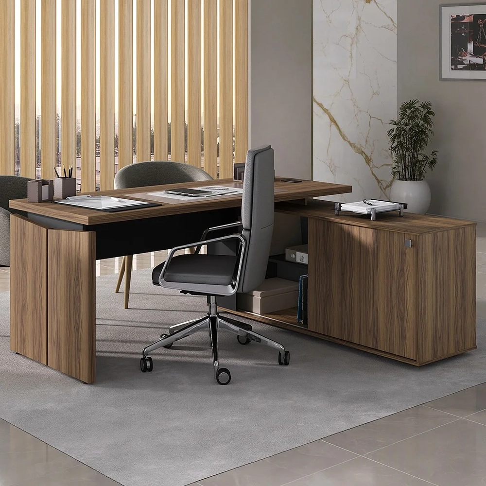 Mesa Escritório em L Gerência 170cm Corp A06 Nogal/Preto     - Mpozenato