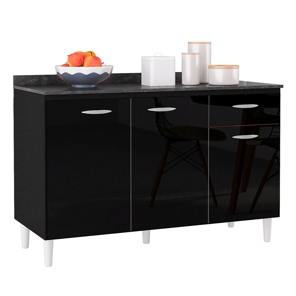 Balcão Cozinha Pia 120cm com Tampo Classic Z46 Preto/Marmore - Mpozenato