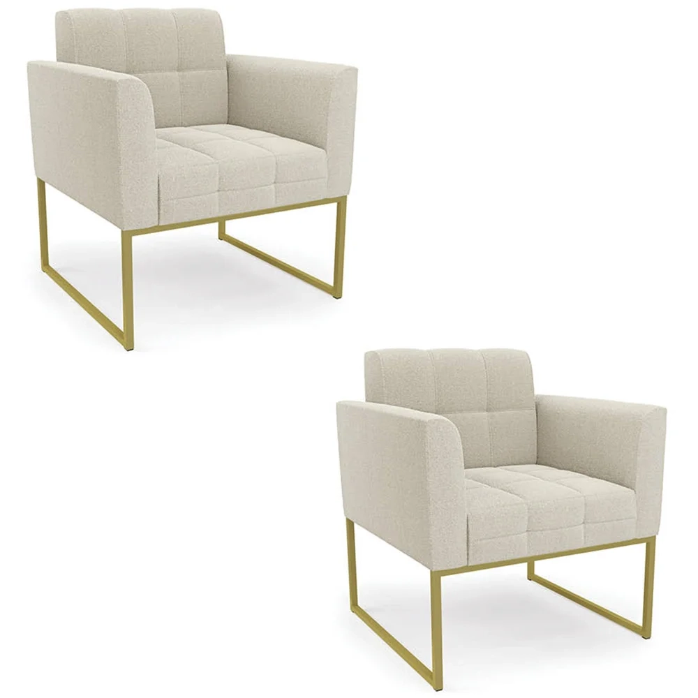 Poltrona Sala Base Industrial Dourado Kit 2 Ana Boucle Bege - Ibiza
