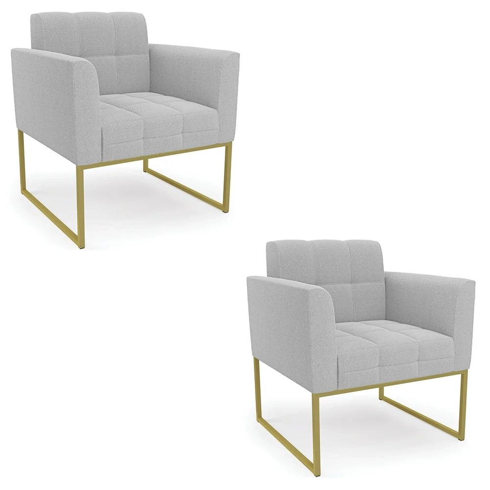 Poltrona Sala Base Industrial Dourado Kit 2 Ana Boucle Cinza - Ibiza