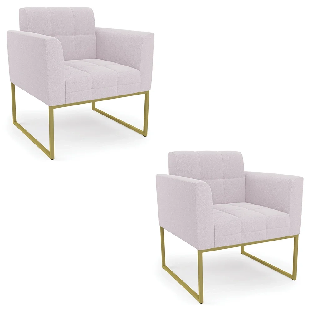 Poltrona Sala Base Industrial Dourado Kit 2 Ana Boucle Rosê - Ibiza