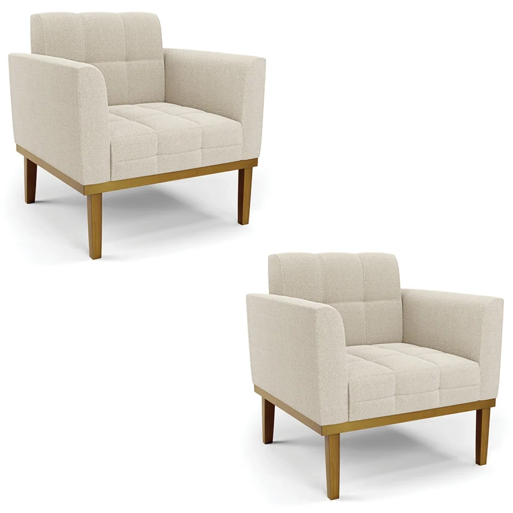 Poltrona Sala Base Madeira Castanho Kit 2 Ana Boucle Bege - Ibiza