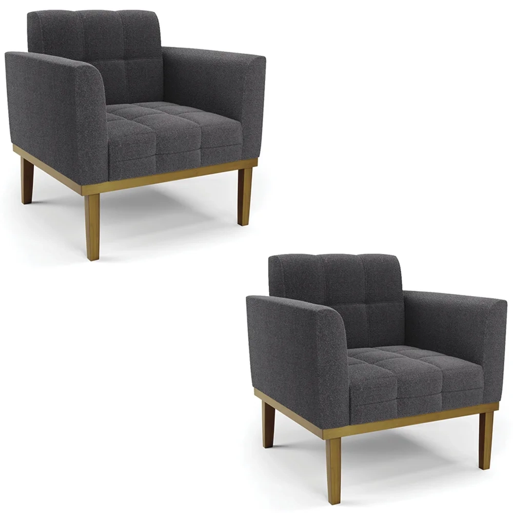 Poltrona Sala Base Madeira Castanho Kit 2 Ana Boucle Grafite - Ibiza