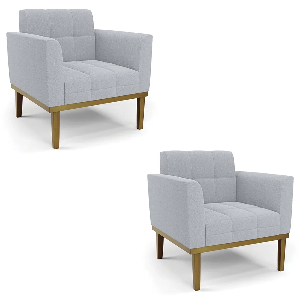 Poltrona Sala Base Madeira Castanho Kit 2 Ana Boucle Cinza - Ibiza