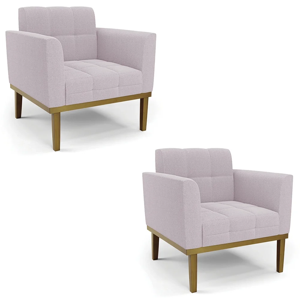 Poltrona Sala Base Madeira Castanho Kit 2 Ana Boucle Rosê - Ibiza