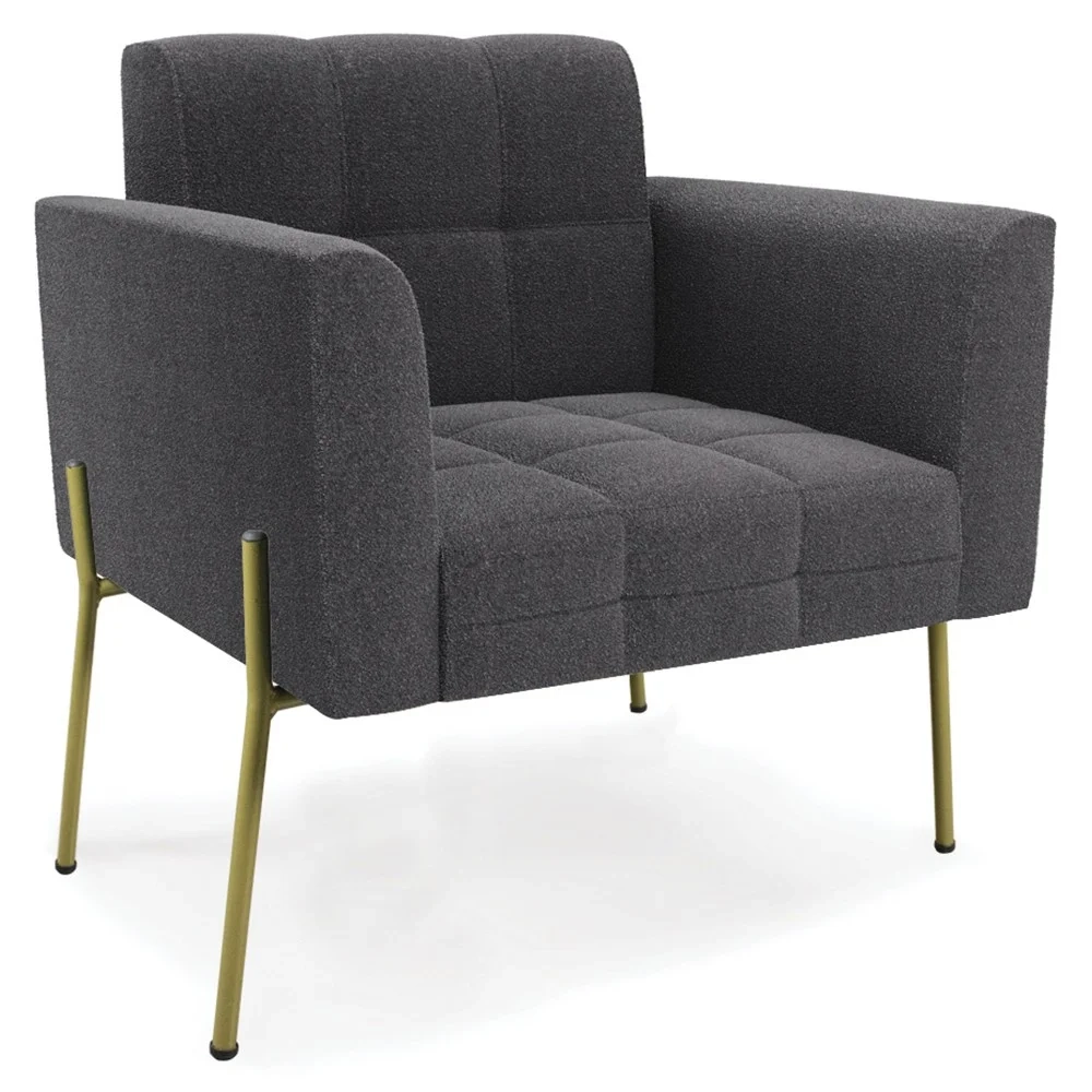 Poltrona Para Sala Pés Metálicos Dourado Ana Boucle Grafite - Ibiza