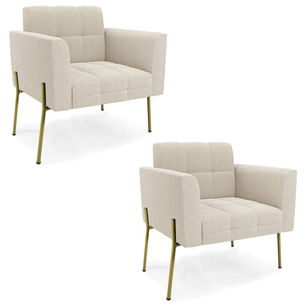 Poltrona Para Sala Pé Metal Dourado Kit 2 Ana Boucle Bege - Ibiza