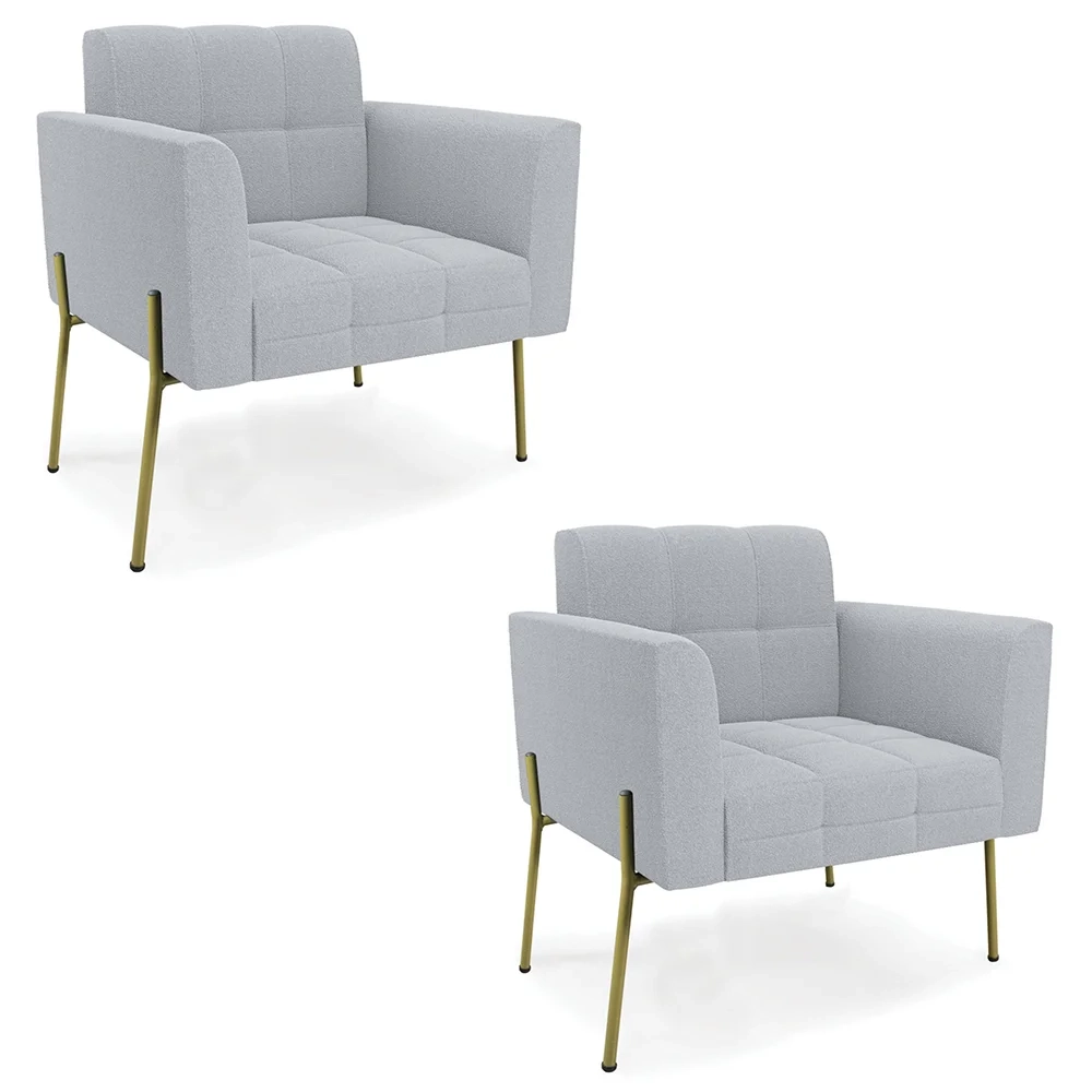 Poltrona Para Sala Pé Metal Dourado Kit 2 Ana Boucle Cinza - Ibiza