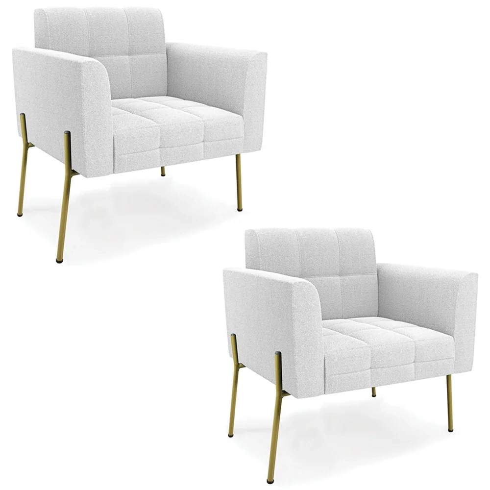 Poltrona Para Sala Pé Metal Dourado Kit 2 Ana Boucle Off - Ibiza