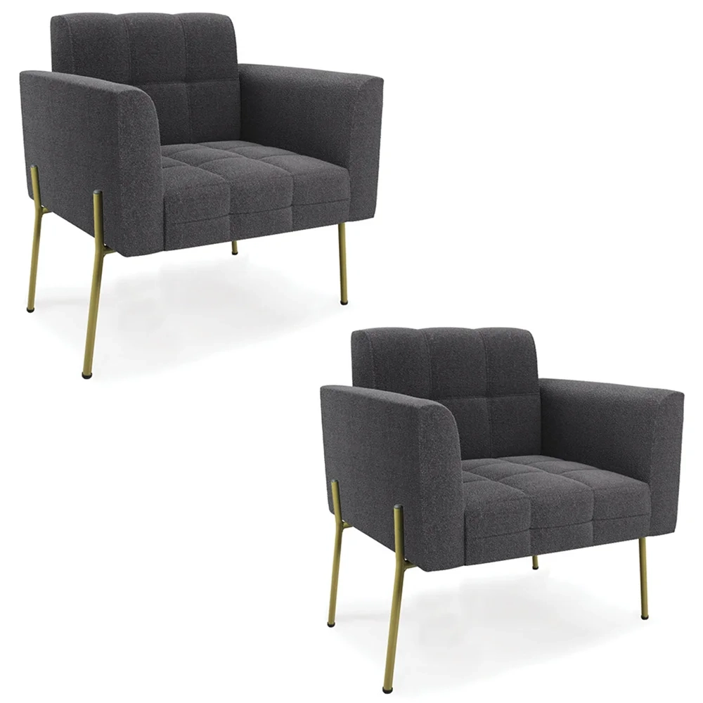 Poltrona Para Sala Pé Metal Dourado Kit 2 Ana Boucle Grafite - Ibiza