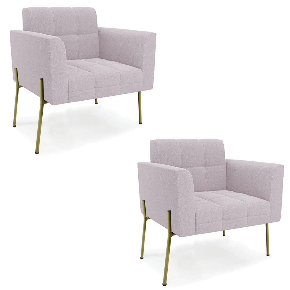 Poltrona Para Sala Pé Metal Dourado Kit 2 Ana Boucle Rosê - Ibiza