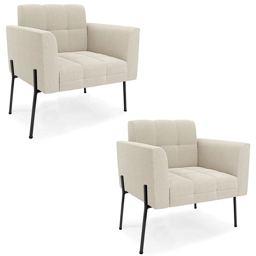 Poltrona Para Sala Pé Metal Preto Kit 2 Ana Boucle Bege - Ibiza