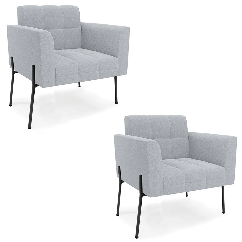 Poltrona Para Sala Pé Metal Preto Kit 2 Ana Boucle Cinza - Ibiza