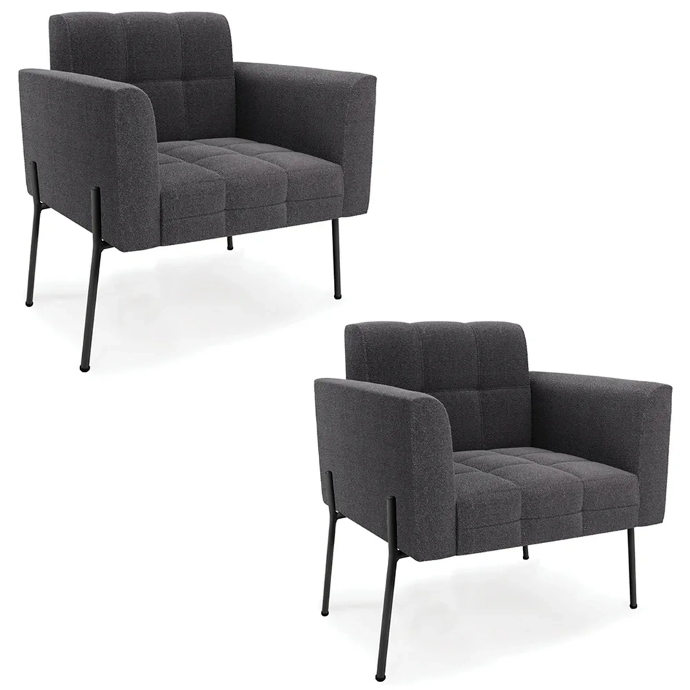 Poltrona Para Sala Pé Metal Preto Kit 2 Ana Boucle Grafite - Ibiza