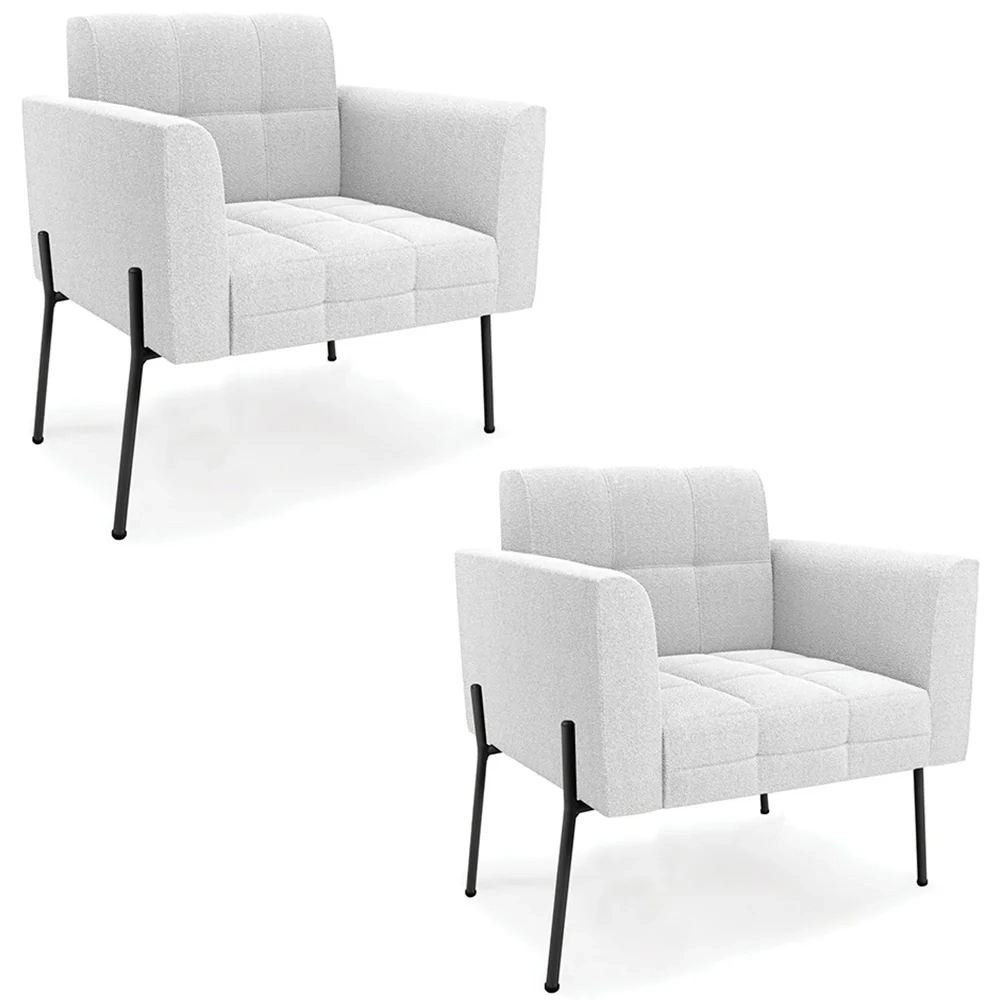 Poltrona Para Sala Pé Metal Preto Kit 2 Ana Boucle Off - Ibiza