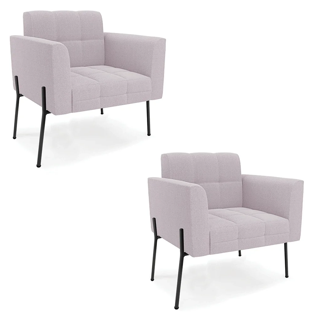 Poltrona Para Sala Pé Metal Preto Kit 2 Ana Boucle Rosê - Ibiza