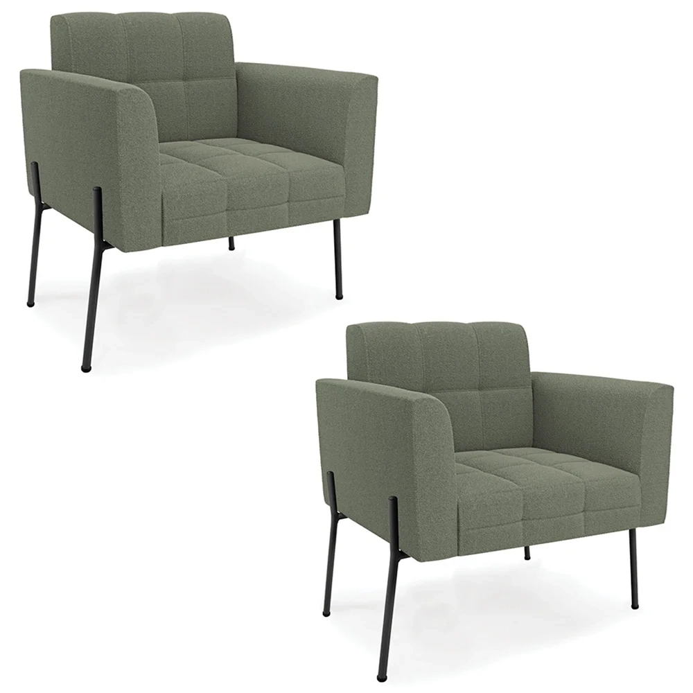 Poltrona Para Sala Pé Metal Preto Kit 2 Ana Boucle Menta - Ibiza