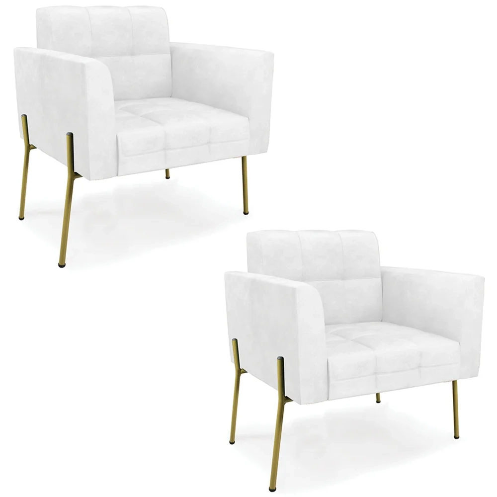 Poltrona Sala Pé Metal Dourado Kit 2 Ana Sintético PU Branco - Ibiza